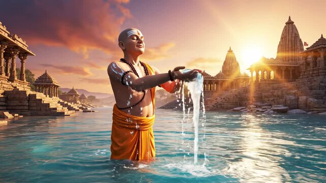 Spiritual Awakening - Hindu Priests River Ritual at Sunrise.