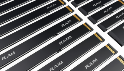 Rows of sleek black computer memory modules displaying the etched text RAM symbolizing fast data processing technology on transparent background