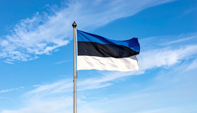 Estonian national flag waving under partly cloudy blue sky