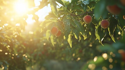 Sunset Peach Orchard, Ripe Fruit, Golden Hour, Agriculture