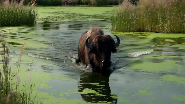 Wading large bison stepping into algae-covered pond, pushing forward to bank, disturbing duckweed