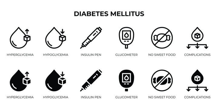 Diabetes mellitus icons with outline and glyph style.