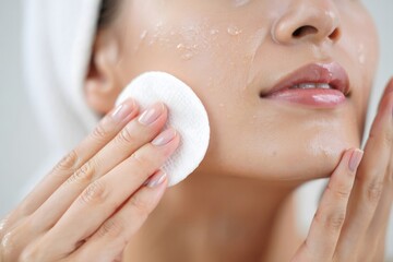 Woman Using Cotton Pad for Skincare Routine - Close-up Beauty Portrait