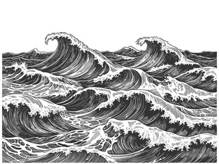 powerful stormy ocean waves, ideal for nautical, marine, or retro-themed design projects sketch engraving generative ai vector illustration. Scratch board imitation. Black and white image.