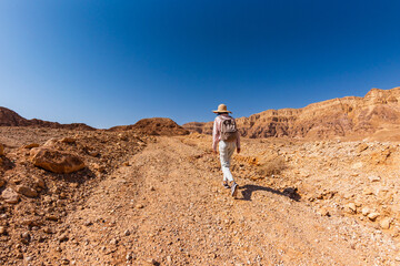 The stunning natural beauty of Timna National Park. A female hiker with a backpack walks through...