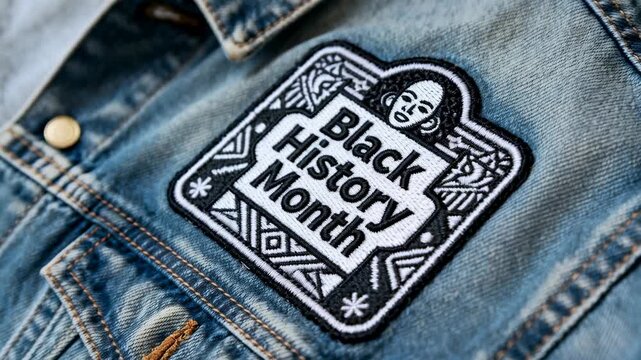 Camera tilting and pulling focus, showing 'Black History Month' patch on denim chest, brass snap
