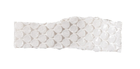 A long torn strip of bubble wrap with repeating circular cells and crumpled plastic surface,