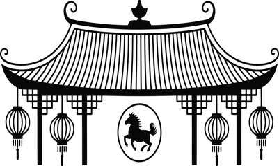 Black and white illustration of a chinese pagoda with lanterns and a horse emblem