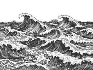powerful stormy ocean waves, ideal for nautical, marine, or retro-themed design projects sketch engraving generative ai vector illustration. Scratch board imitation. Black and white image.