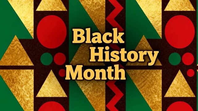 Slide appearing, promoting centered Black History Month title on backdrop with gold triangles