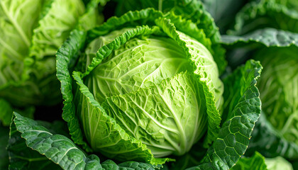Fototapeta premium Fresh organic green cabbage, textured background. Tasty food. Natural farm vegetable. C