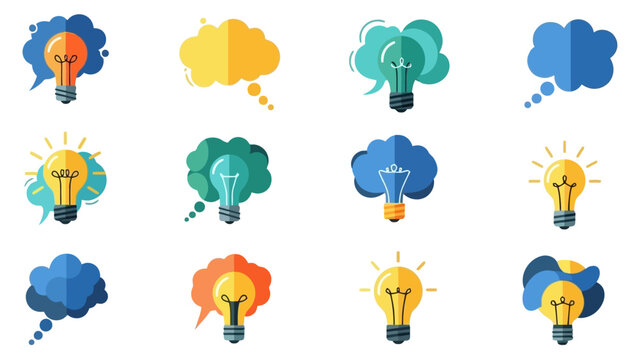 Collection of colorful lightbulb icons and thought bubbles representing ideas and creativity in a modern flat design style