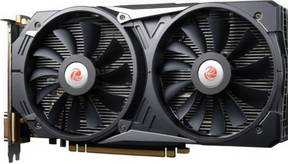 High performance dual fan cooling system featured on a powerful discrete graphics processing unit hardware component on transparent background