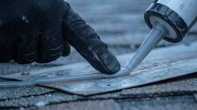 Construction worker's gloved hand applying grey sealant with a caulk gun onto a shingle roof for waterproofing and home repair concept.