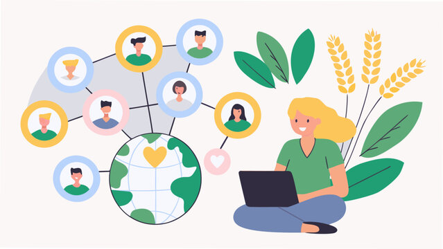 Global connections digital networking and sustainable growth illustrated with a woman and laptop
