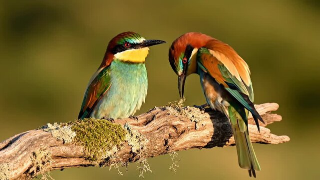 Two colorful European bee-eaters perched on a dry mossy branch in the wild, one bird is preening feathers while the other looks on, perfect for nature documentaries or educational wildlife content.