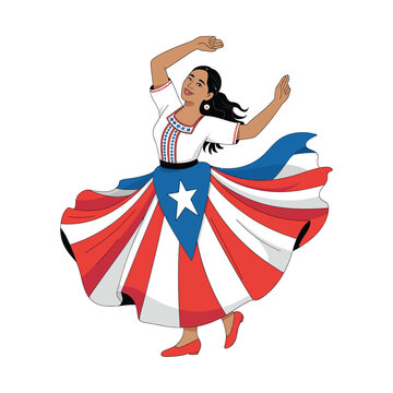 A Puerto Rican woman dancing in traditional attire with a flowing skirt in the colors of the Puerto Rican flag, her hands raised energetically, against a white background.