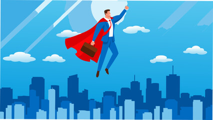A businessman in a superhero cape flies over a city skyline © Unnati