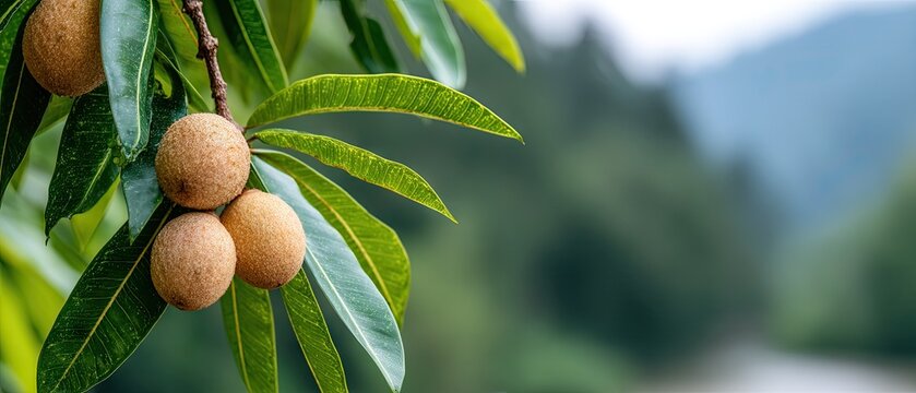 Three brown jambu fruits hanging on a tree branch with green leaves in a natural setting during the day in a lush forest