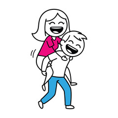 Happy Cartoon Couple Piggyback Ride on White Background Keywords: couple, piggyback, ride, happy, joy, fun, love, relationship, cartoon, drawing, illustration, simple, playful, togetherness