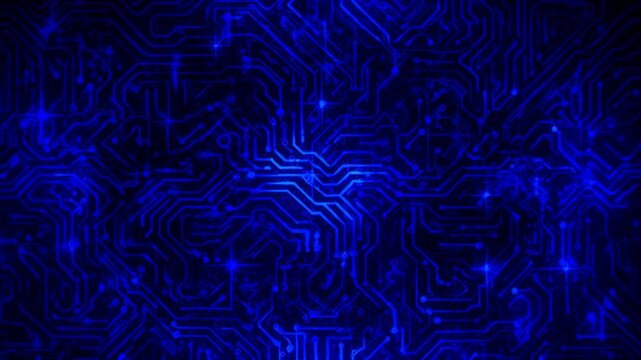 Receiving signal, central blue circuitry expanding glowing showing traces and nodes in black void