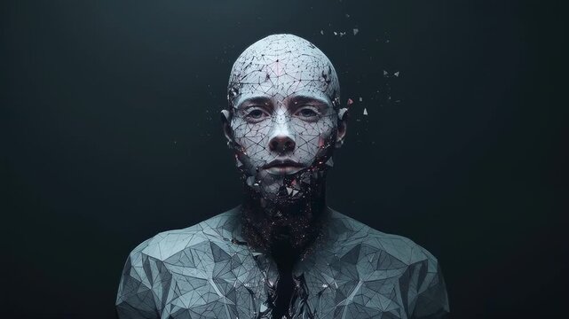 Cracking synth bust shedding shards and oozing dark tendril in dark studio, revealing inner core