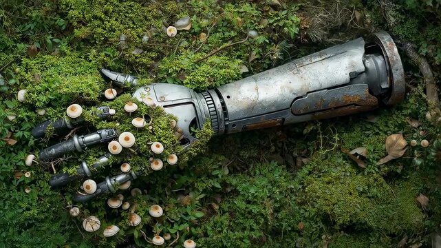 Camera shifting, robotic forearm resting on forest-floor, abandoned, mushrooms colonizing digits