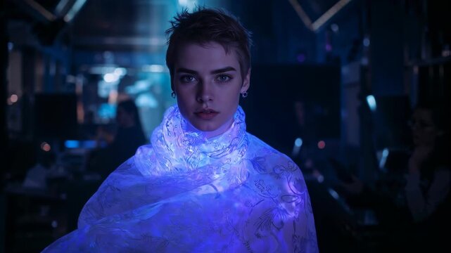 Adjusting model responding to LED-pulse smoothing LED shawl to settle on chest at studio with PCs