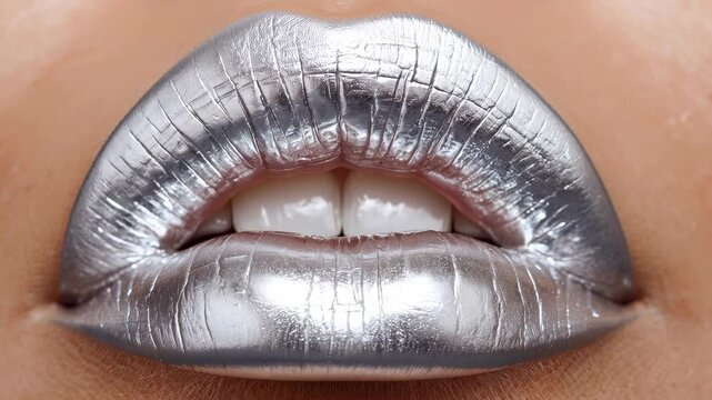 Recording woman making subtle lip movements in studio closeup, revealing front teeth, metallic lips
