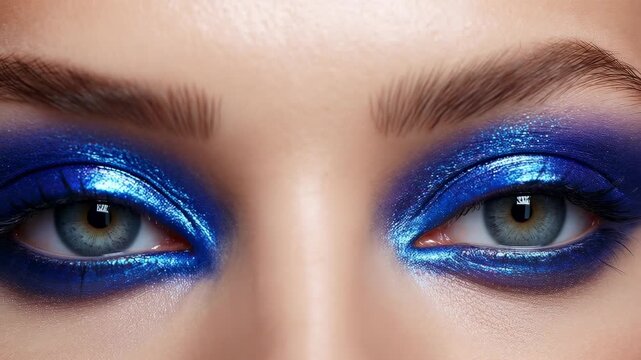 Reacting to camera zoom, model eyes opening and fixing gaze in studio, showing blue metallic shadow