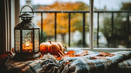 A cozy autumn scene with pumpkins, leaves, and plaid blankets in front of an open window overlooking the fall landscape