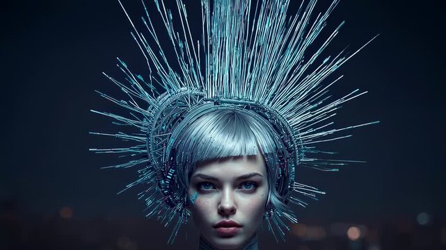 Responding to signal, female cyborg expanding headpiece in studio, with cyan cheek decal and collar