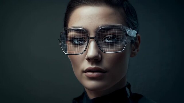 Tilting model responding to frames, shifting gaze in studio, showing glasses and dark top