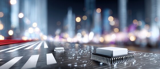 Close-up view of a circuit board and chip with a blue and purple background featuring city lights at night