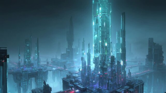 Approaching camera revealing central crystal cluster in suspended city over chasms with red bridges