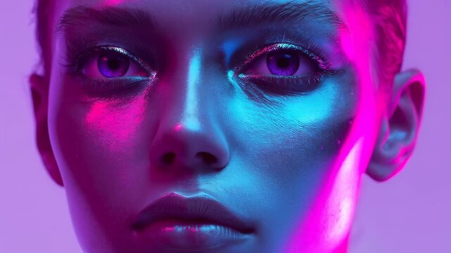 Opening eyes female model raising gaze in studio as gel lights shifting, revealing glitter eyeliner