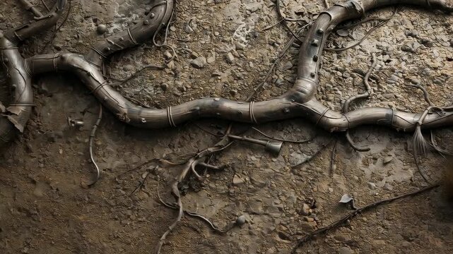 Panning camera revealing segmented metallic vine shifting on dry cracked soil with rivets and roots
