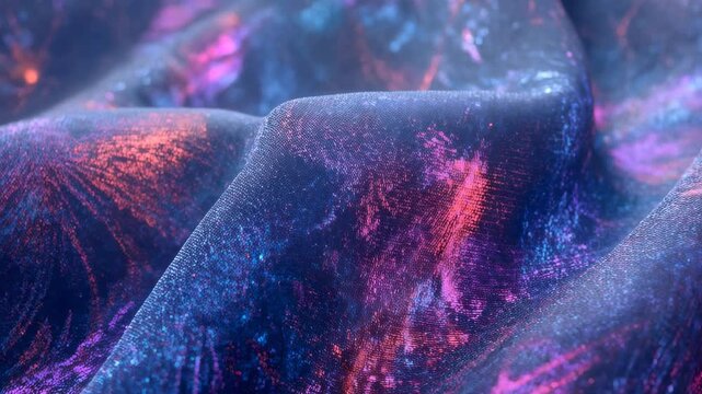Shifting light angle sending iridescent fabric shimmering on studio table, magenta cyan gleaming