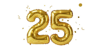 Fototapeta premium Golden balloon number twenty five with confetti sparkles ideal for celebrations on transparent background