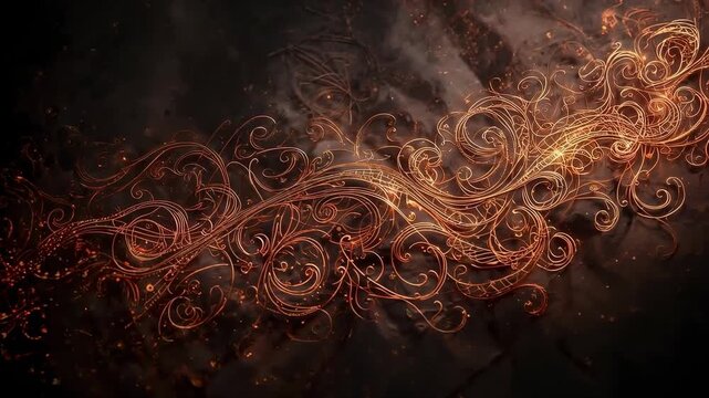 Pulsing golden filigree glowing with pulses on charred plane unfurling curls and emitting sparks