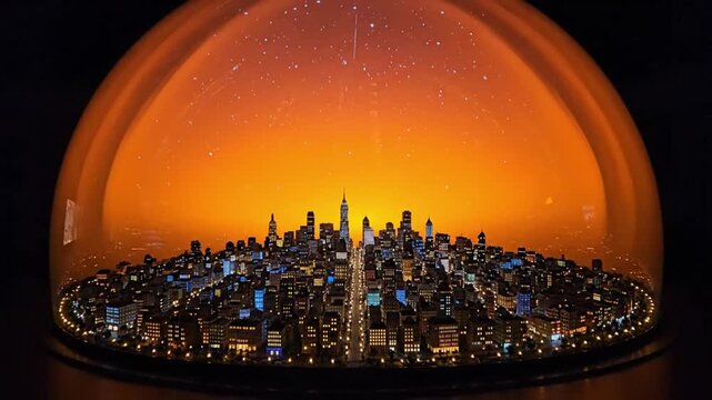 City Skyline Miniature Model Nighttime Urban Landscape Glass Dome