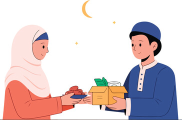 Heartwarming scene of a Muslim couple sharing traditional food and gifts during Ramadan, symbolizing community, faith, and generosity.