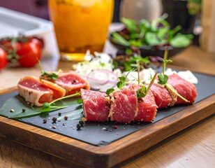 A platter of raw meat and vegetables on a wooden board