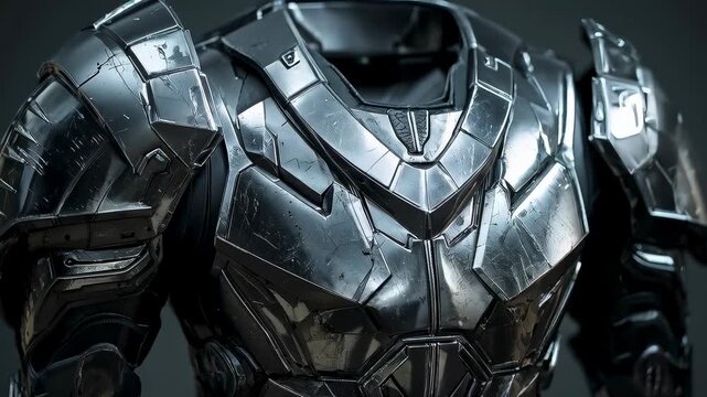 Shifting camera and moving lights revealing sculpted metallic armored torso in studio, for detail