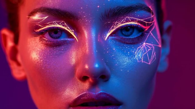 Shifting camera framing revealing female model in studio, highlighting neon eyeliner and wireframe