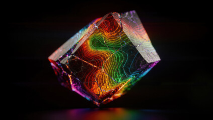 Rainbow glowing cube with cracked surface and neon wave patterns on black background symbolizing digital art futuristic design abstract technology science fiction light energy and innovation.