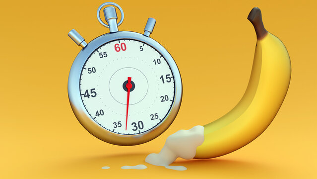 A 3D rendering of a stopwatch alongside a banana with cream leaking from its tip serves as a metaphor for premature ejaculation.
