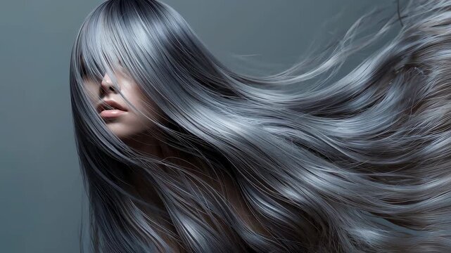 Sweeping female model moving silvery-gray hair in studio, off-camera breeze revealing lower face