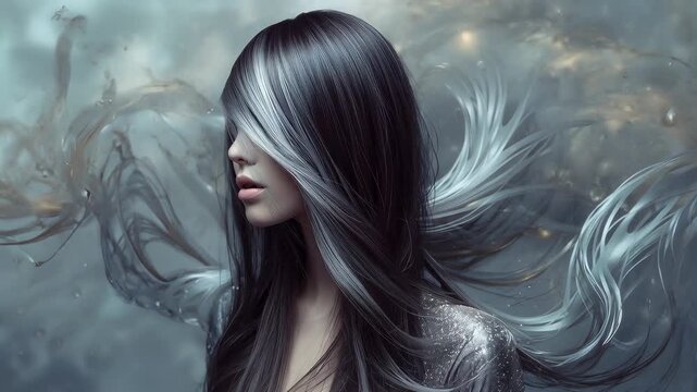 Animating ripple sparking hair and ribbon flowing around woman wearing sequins on set for soft mood