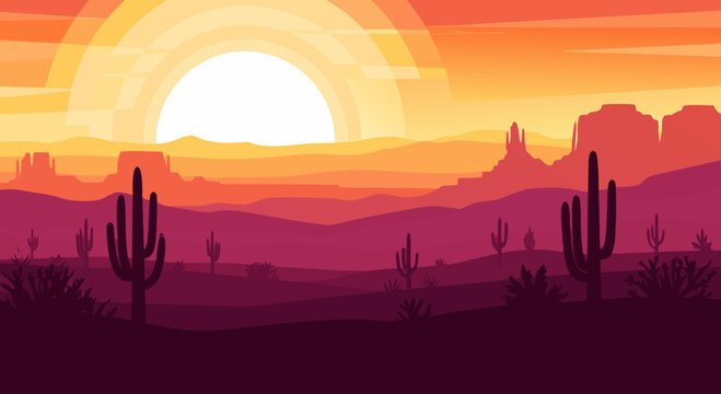 Warm Desert Sunset Vector Illustration with Silhouetted Cacti and Layered Mountains. A Gradient Sky Landscape for Nature-Inspired Design Concepts